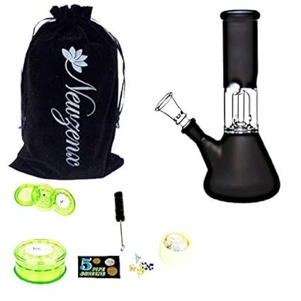 Newzenx® Glass Bong Single Perc Feature Ice Bong Black 8 Inch Including Storage Crusher, Fancy Velvet Pouch and Accessories