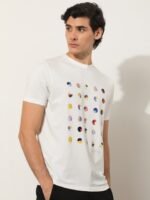 RARE RABBIT Men Flips Geometric Printed Slim Fit Cotton T-Shirt
