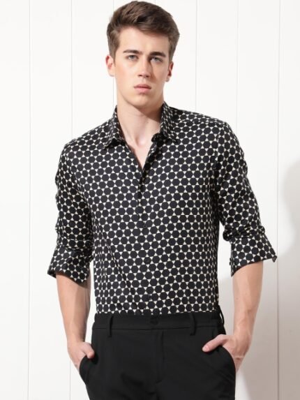 RARE RABBIT Men Hexa Black Slim Fit Geometric Printed Formal Shirt