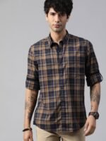 Roadster Men Beige & Blue Regular Fit Checked Sustainable Casual Shirt