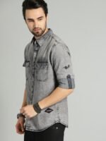 Roadster Men Black Chambray Pure Cotton Sustainable Casual Shirt