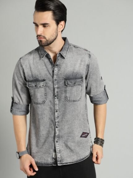 Roadster Men Black Chambray Pure Cotton Sustainable Casual Shirt