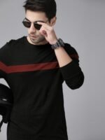 Roadster Men Black Maroon Striped Round Neck Pure Cotton T-shirt