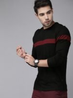 Roadster Men Black Maroon Striped Round Neck Pure Cotton T-shirt