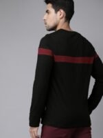 Roadster Men Black Maroon Striped Round Neck Pure Cotton T-shirt