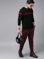 Roadster Men Black Maroon Striped Round Neck Pure Cotton T-shirt