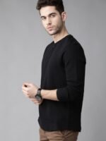 Roadster Men Black Self Design Henley Neck T-shirt