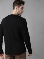 Roadster Men Black Self Design Henley Neck T-shirt