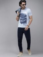 Roadster Men Blue & White Printed Cotton T-shirt