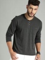 Roadster Men Charcoal Grey Solid Henley T-shirt