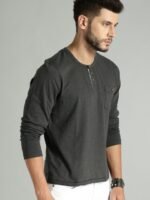 Roadster Men Charcoal Grey Solid Henley T-shirt