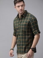 Roadster Men Green & Orange Regular Fit Checked Casual Sustainable Shirt