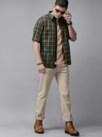 Roadster Men Green & Orange Regular Fit Checked Casual Sustainable Shirt