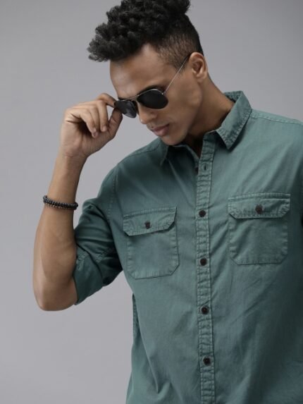 Roadster Men Green Solid Pure Cotton Standard Casual Shirt