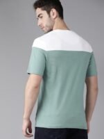 Roadster Men Green White Colourblocked Round Neck Pure Cotton T-shirt