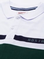 Roadster Men Green & White Pure Cotton Colourblocked Polo Collar T-shirt