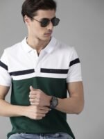 Roadster Men Green & White Pure Cotton Colourblocked Polo Collar T-shirt