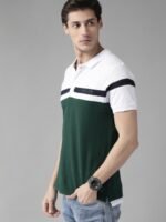 Roadster Men Green & White Pure Cotton Colourblocked Polo Collar T-shirt