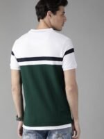 Roadster Men Green & White Pure Cotton Colourblocked Polo Collar T-shirt