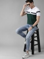 Roadster Men Green & White Pure Cotton Colourblocked Polo Collar T-shirt