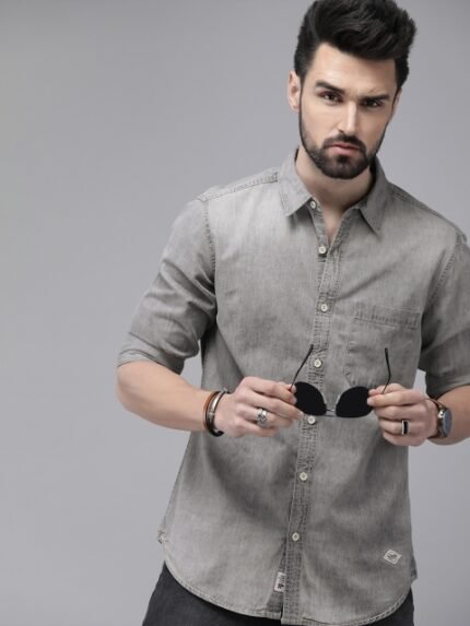 Roadster Men Grey Solid Regular Fit Pure Cotton Casual Shirt