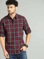 Roadster Men Maroon & Navy Blue Checked Pure Cotton Casual Sustainable Shirt