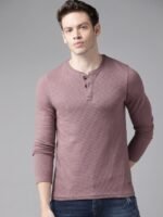 Roadster Men Mauve Textured Henley Neck T-shirt