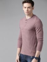 Roadster Men Mauve Textured Henley Neck T-shirt