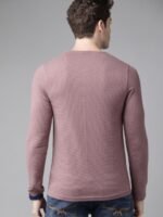 Roadster Men Mauve Textured Henley Neck T-shirt