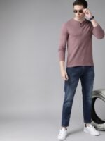 Roadster Men Mauve Textured Henley Neck T-shirt