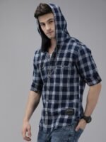 Roadster Men Navy Blue Checked Hooded Sustainable Casual Shirt