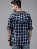 Roadster Men Navy Blue Checked Hooded Sustainable Casual Shirt