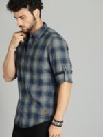 Roadster Men Navy Blue & Grey Checked Casual Sustainable Shirt