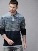 Roadster Men Navy Blue & Grey Colourblocked Polo Collar T-shirt