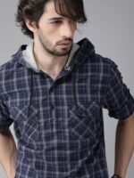 Roadster Men Navy Blue & Grey Regular Fit Checked Hooded Casual Shirt