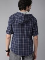 Roadster Men Navy Blue & Grey Regular Fit Checked Hooded Casual Shirt