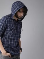 Roadster Men Navy Blue & Grey Regular Fit Checked Hooded Casual Shirt