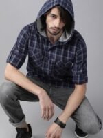 Roadster Men Navy Blue & Grey Regular Fit Checked Hooded Casual Shirt