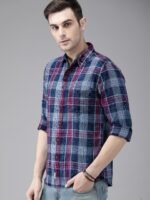 Roadster Men Navy Blue Magenta Pink Regular Fit Checked Casual Shirt