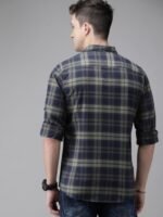 Roadster Men Navy Blue & Olive Green Regular Fit Checked Sustainable Casual Shirt