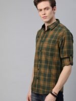 Roadster Men Olive Green & Mustard Yellow Checked Pure Cotton Casual Sustainable Shirt