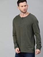 Roadster Men Olive Henley Neck Cotton Pure Cotton T-shirt