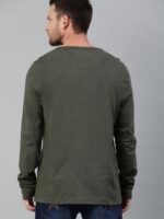 Roadster Men Olive Henley Neck Cotton Pure Cotton T-shirt