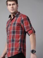 Roadster Men Red & Grey Pure Cotton Tartan Checks Checked Sustainable Casual Shirt