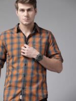 Roadster Men Rust Brown & Navy Blue Pure Cotton Tartan Checks Checked Casual Shirt