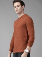 Roadster Men Rust Checked Mandarin Collar T-shirt