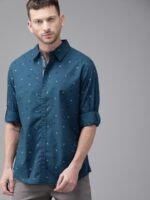 Roadster Men Teal Blue & Black Conversational Printed Pure Cotton Casual Sustainable Shirt