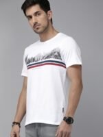 Roadster Men White Grey Pure Cotton Mountain Print Round Neck Pure Cotton T-shirt