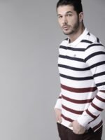 Roadster Men White & Navy Blue Striped Polo Collar T-shirt