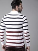 Roadster Men White & Navy Blue Striped Polo Collar T-shirt